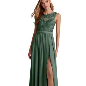 Azazie Green Lace Bodice Chiffon Gown with Side Slit